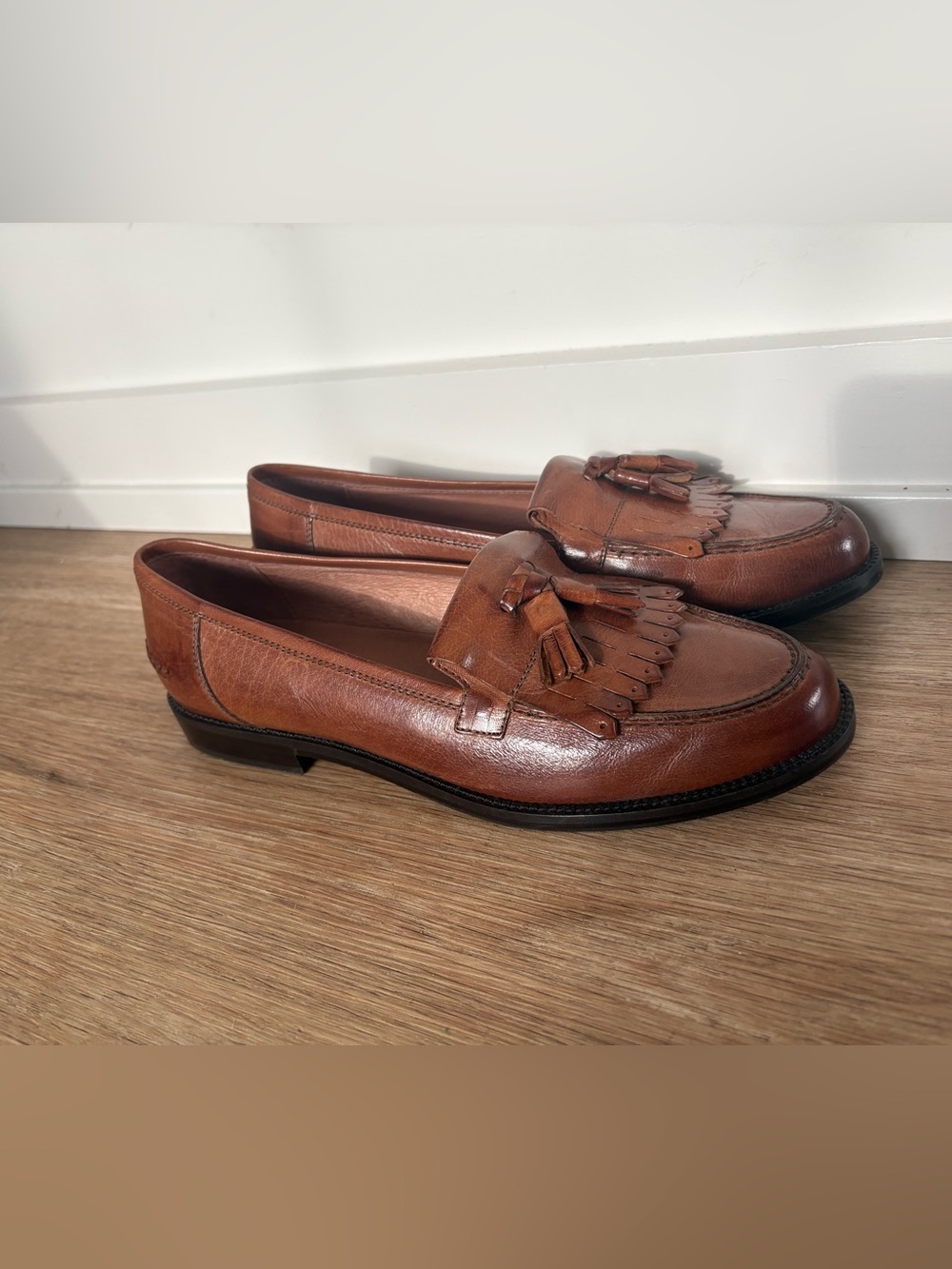 Brown 11.5 Italian Leather Tassel Loafers Academia Classic Neutral Capsule